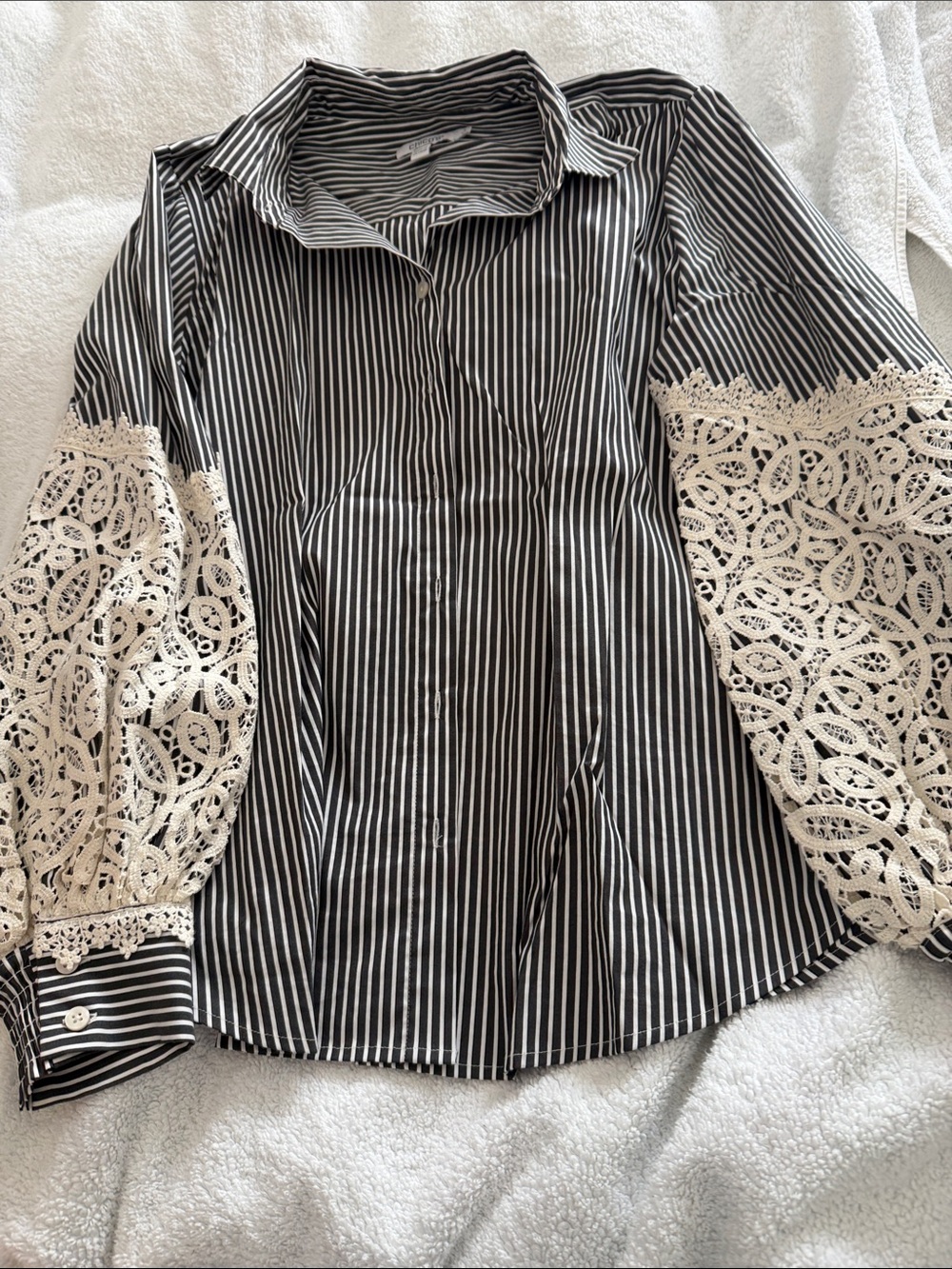 Chico's Black & White Striped Button-Front Shirt with Cream Lace Sleeves